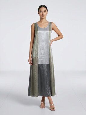 Citron Santa Monica Silver Metallic Colorblock Art Maxi Dress Size M Old Money
